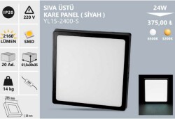 24W SIVA ÜSTÜ KARE PANEL SİYAH KASA GÜNIŞIĞI YL15-2401-S NOAS - 1