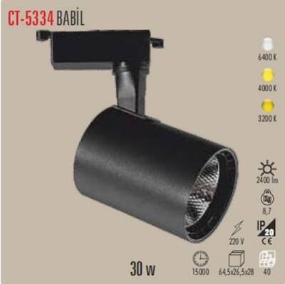 30 W Babil COB Led Ray Spot - Beyaz Işık (6500K) - Siyah Kasa - Monofaze CT-5334 B - 1