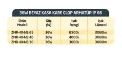 36W BEYAZ KASA KARE BEYAZ IŞIK LEDLİ GLOP ARMATÜR 6500K ZMR-405B.65 IP66 - 2