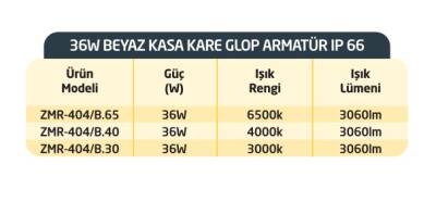 36W BEYAZ KASA KARE BEYAZ IŞIK LEDLİ GLOP ARMATÜR 6500K ZMR-405B.65 IP66 - 2