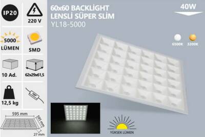 50W 60X60 BACKLİGHT LENSLİ SÜPER SLİM BEYAZ YL18-5000 NOAS - 1