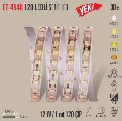 CATA CT-4540 120 LED’li Şerit LED – 12V 12W/m Beyaz Işık 6500K - 1