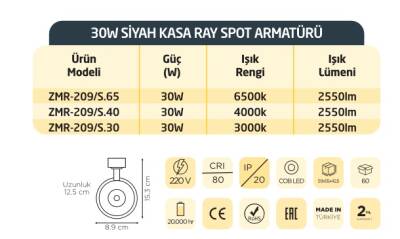 ZMR 30 Watt LED Ray Spot Siyah Kasa Günışığı 3000 Kelvin - 2